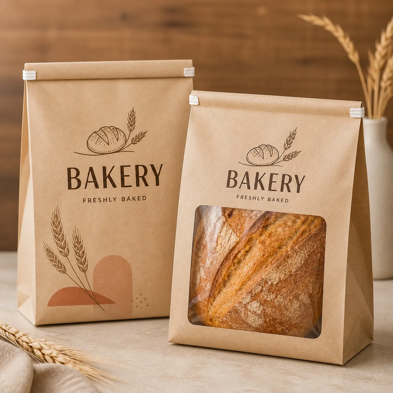 Custom Printed Kraft Bread Bags with Clear Window Roll Top Clip Closure for Bakery Sourdough Loaf Packaging