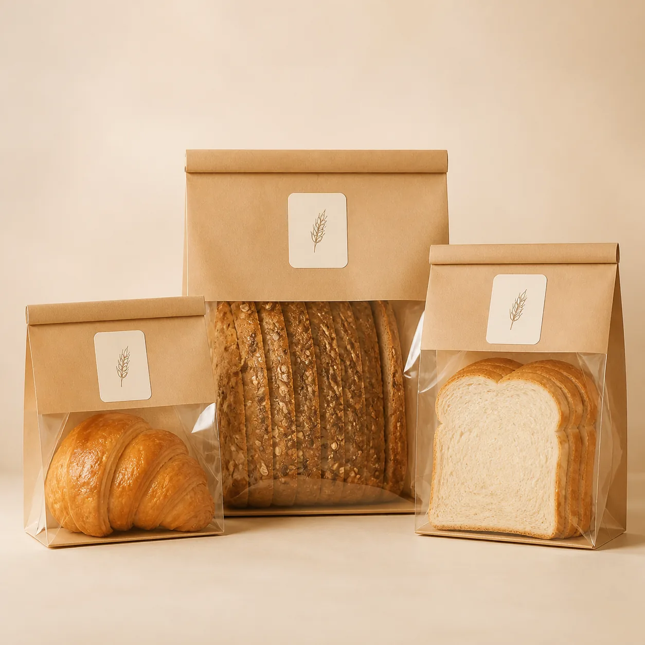 Custom Printed Kraft Bread Bags with Clear Window Roll Top Clip Closure for Bakery Sourdough Loaf Packaging