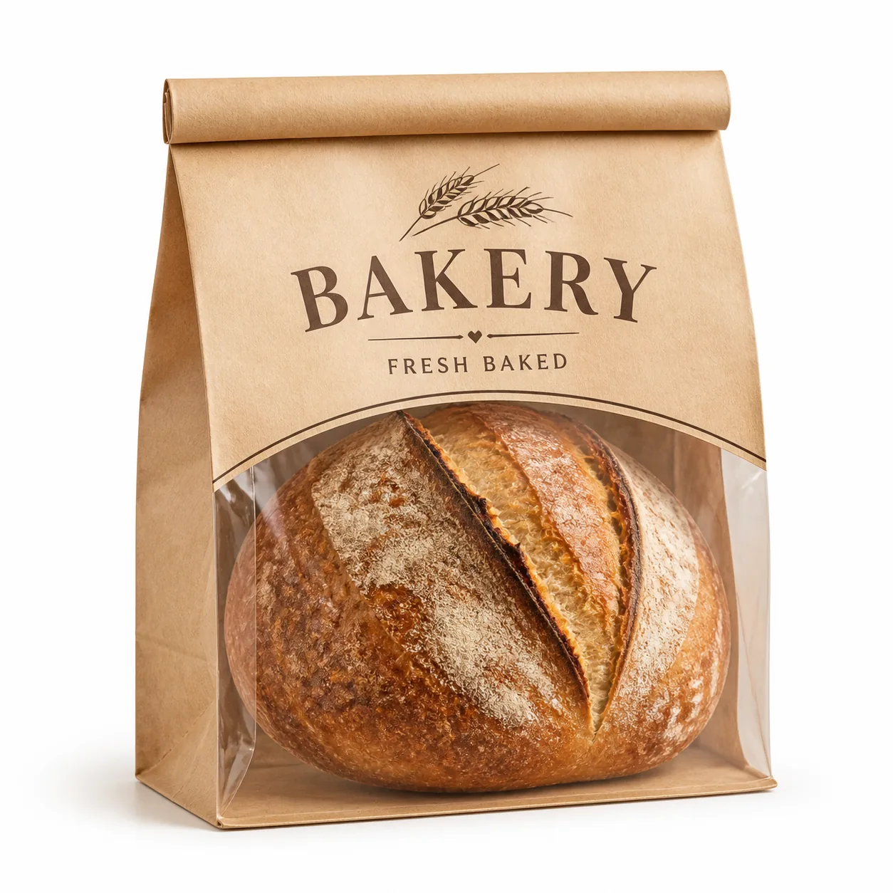 Custom Printed Kraft Bread Bags with Clear Window Roll Top Clip Closure for Bakery Sourdough Loaf Packaging