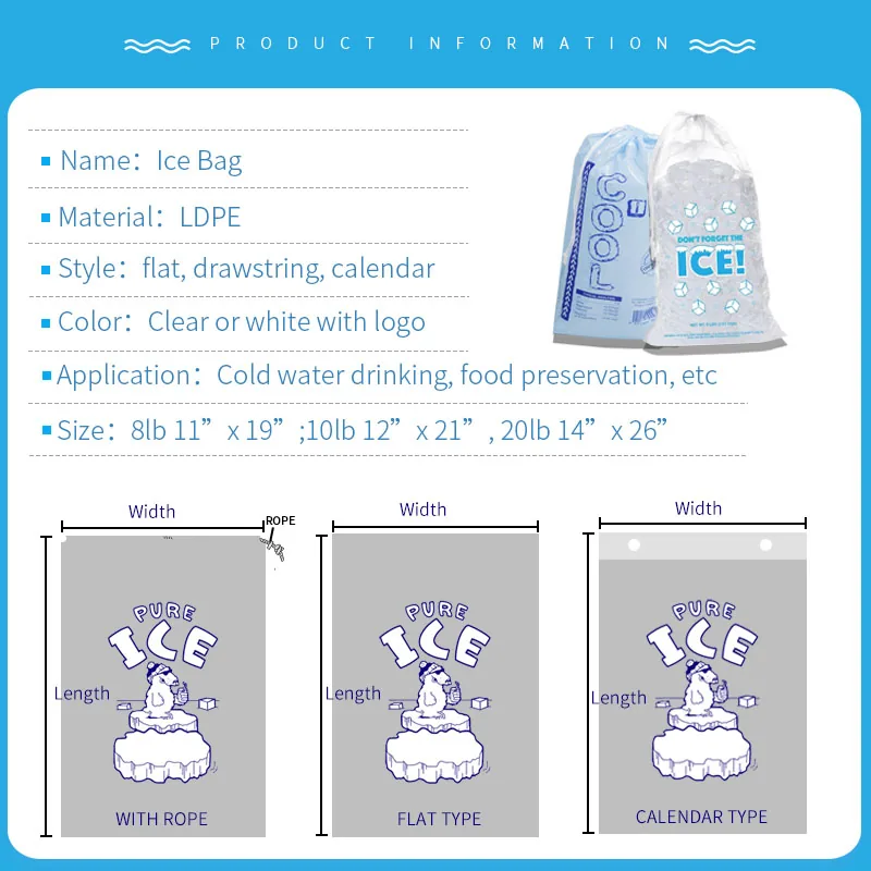 Custom Printed Logo Large Capacity Disposable LDPE 8/10/20 LB Plastic Drawstring Ice Cube Bag Reusable