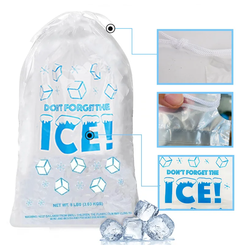 Custom Printed Logo Large Capacity Disposable LDPE 8/10/20 LB Plastic Drawstring Ice Cube Bag Reusable