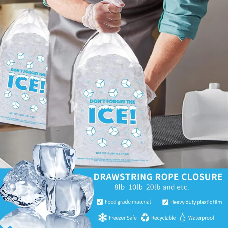 Custom Printed Logo Large Capacity Disposable LDPE 8/10/20 LB Plastic Drawstring Ice Cube Bag Reusable