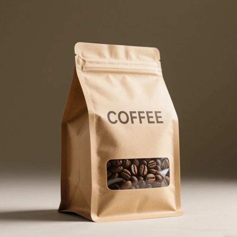 Custom Printed Matte 250g 500g 1kg Kraft Paper Flat Bottom Pouch with Window Recyclable Coffee Packaging Pouch with Zipper