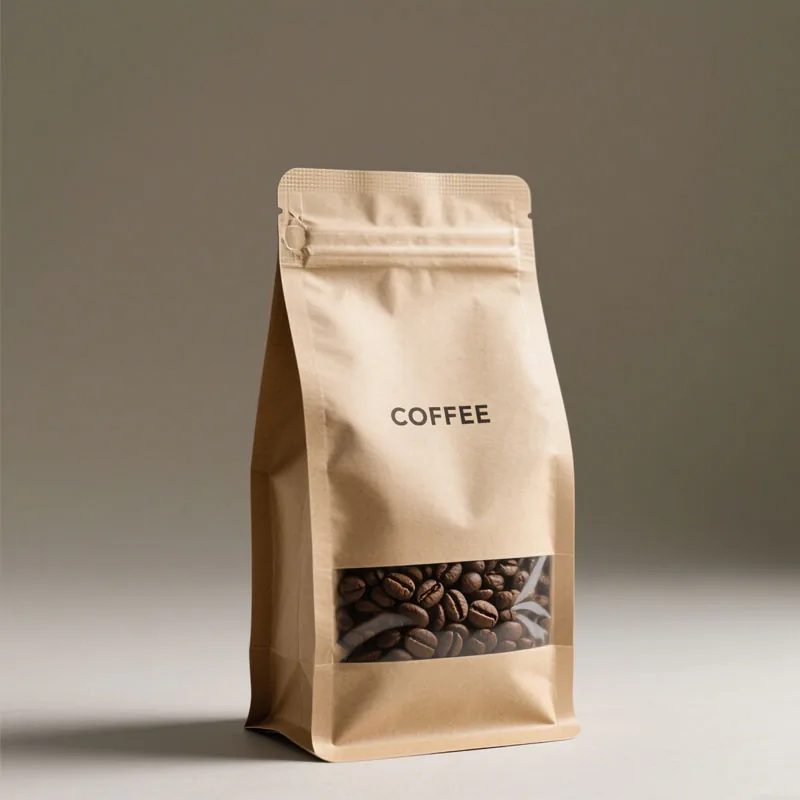 Custom Printed Matte 250g 500g 1kg Kraft Paper Flat Bottom Pouch with Window Recyclable Coffee Packaging Pouch with Zipper