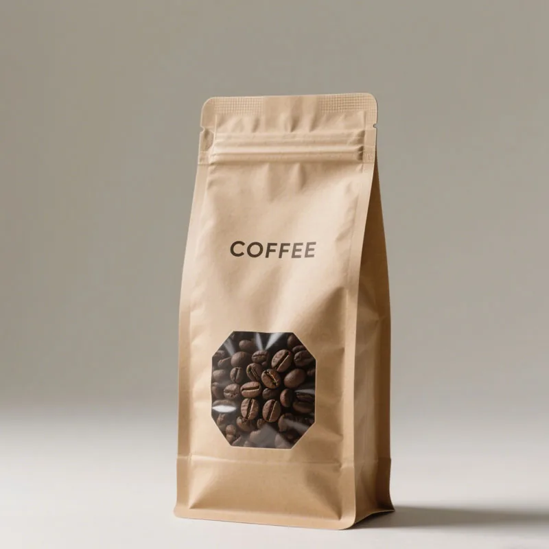 Custom Printed Matte 250g 500g 1kg Kraft Paper Flat Bottom Pouch with Window Recyclable Coffee Packaging Pouch with Zipper