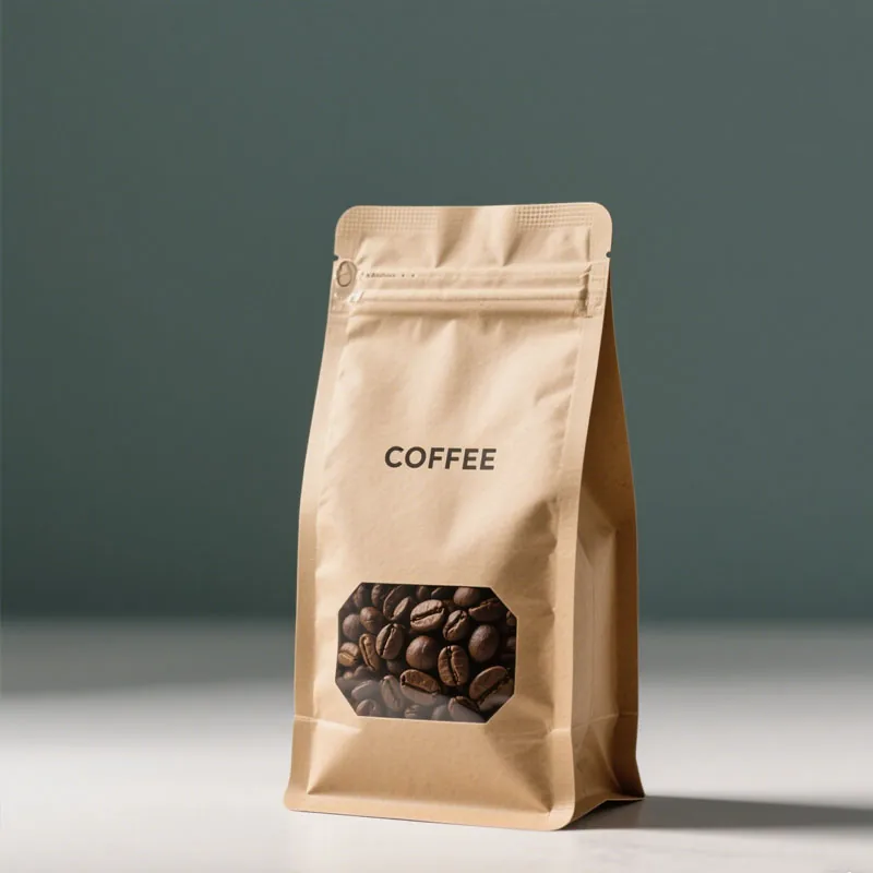 Custom Printed Matte 250g 500g 1kg Kraft Paper Flat Bottom Pouch with Window Recyclable Coffee Packaging Pouch with Zipper