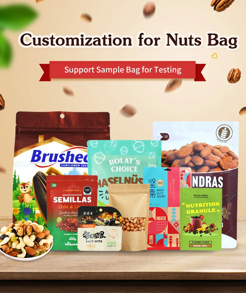 Custom Printed Resealable Plastic Aluminum Foil Zipper Dry Food Snack Nuts Packaging Stand up Pouch for Food Ziplock Mylar Bags