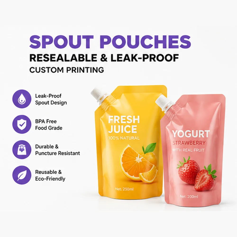 Custom Printed Spout Pouches Leakproof Resealable Stand up Liquid Packaging Bags for Juice Sauce Detergent and Cosmetics