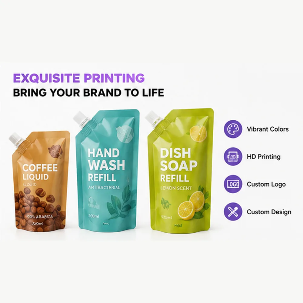 Custom Printed Spout Pouches Leakproof Resealable Stand up Liquid Packaging Bags for Juice Sauce Detergent and Cosmetics