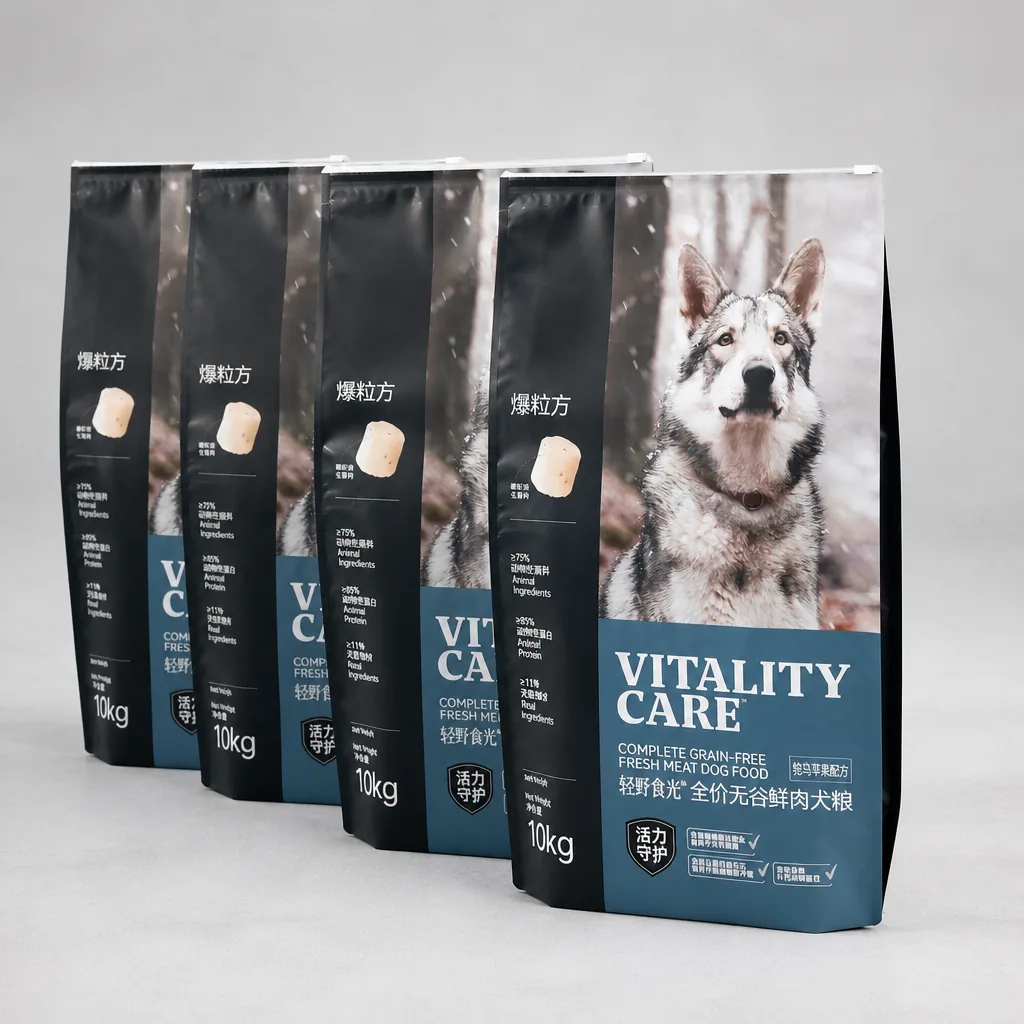 Custom Stand up Pouch With Easy Tear Notch Barrier Pet Dry Food Packing Solution