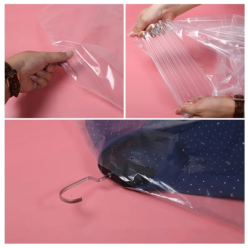 Custom Transparent Poly Garment Duffel Suit Bags Custom logo Dry Cleaning Cover Plastic Bag for Clothes on Roll