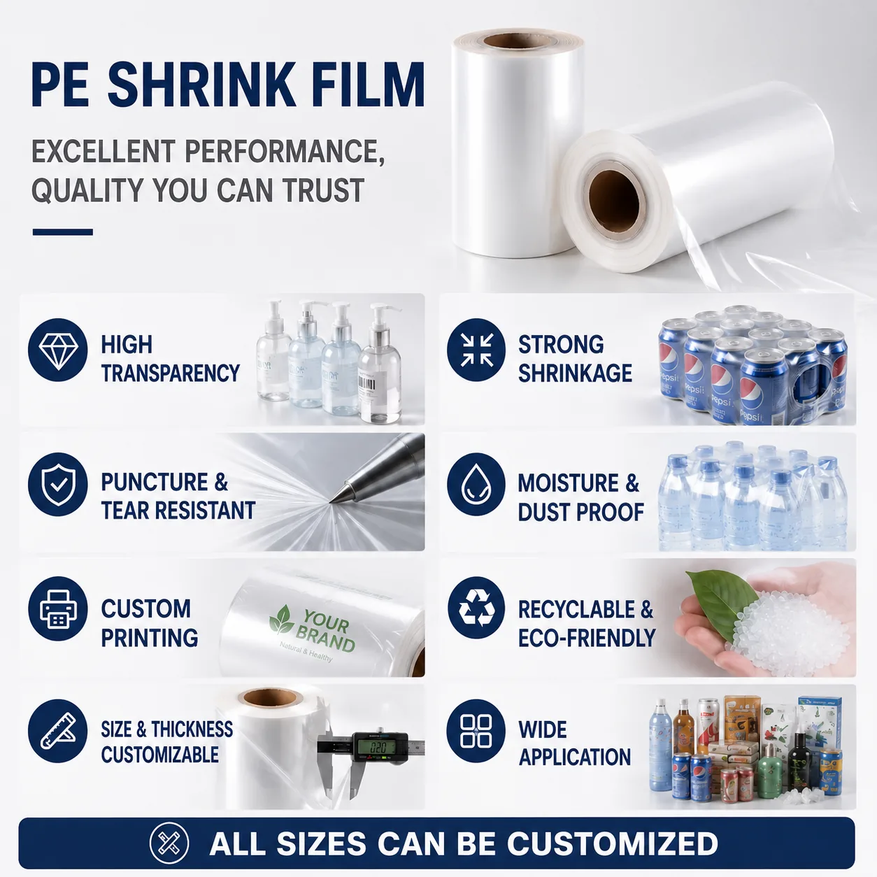 Customized Soft Thermo Shrink Wrap Roll for Water Bottles Food PE Shrink Packing Plastic for Water Bottles Heat Shrink Film