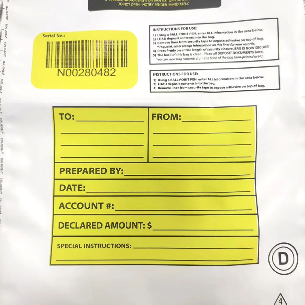 Deposit Bags Cash Register Bank Envelope Security Tamper Evident Tape Sealing Cash Evidence Side Gusset LDPE Material Self-seal
