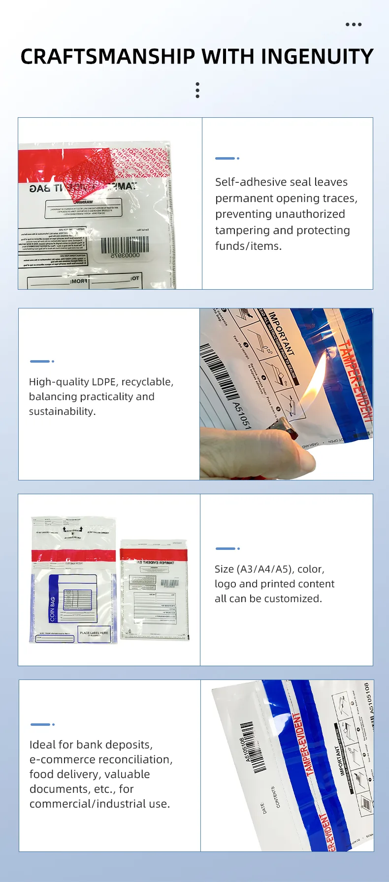 Deposit Bags Cash Register Bank Envelope Security Tamper Evident Tape Sealing Cash Evidence Side Gusset LDPE Material Self-seal