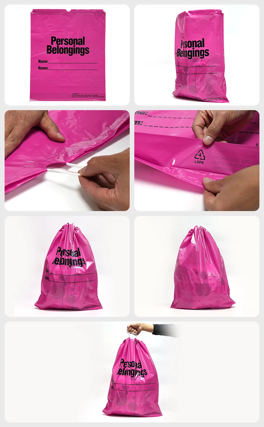 Drawstring Patient Belonging Bag, Pink Film 1.25 Mil Thick, 20" W X 20" L, Pack of 250 Accept Customization