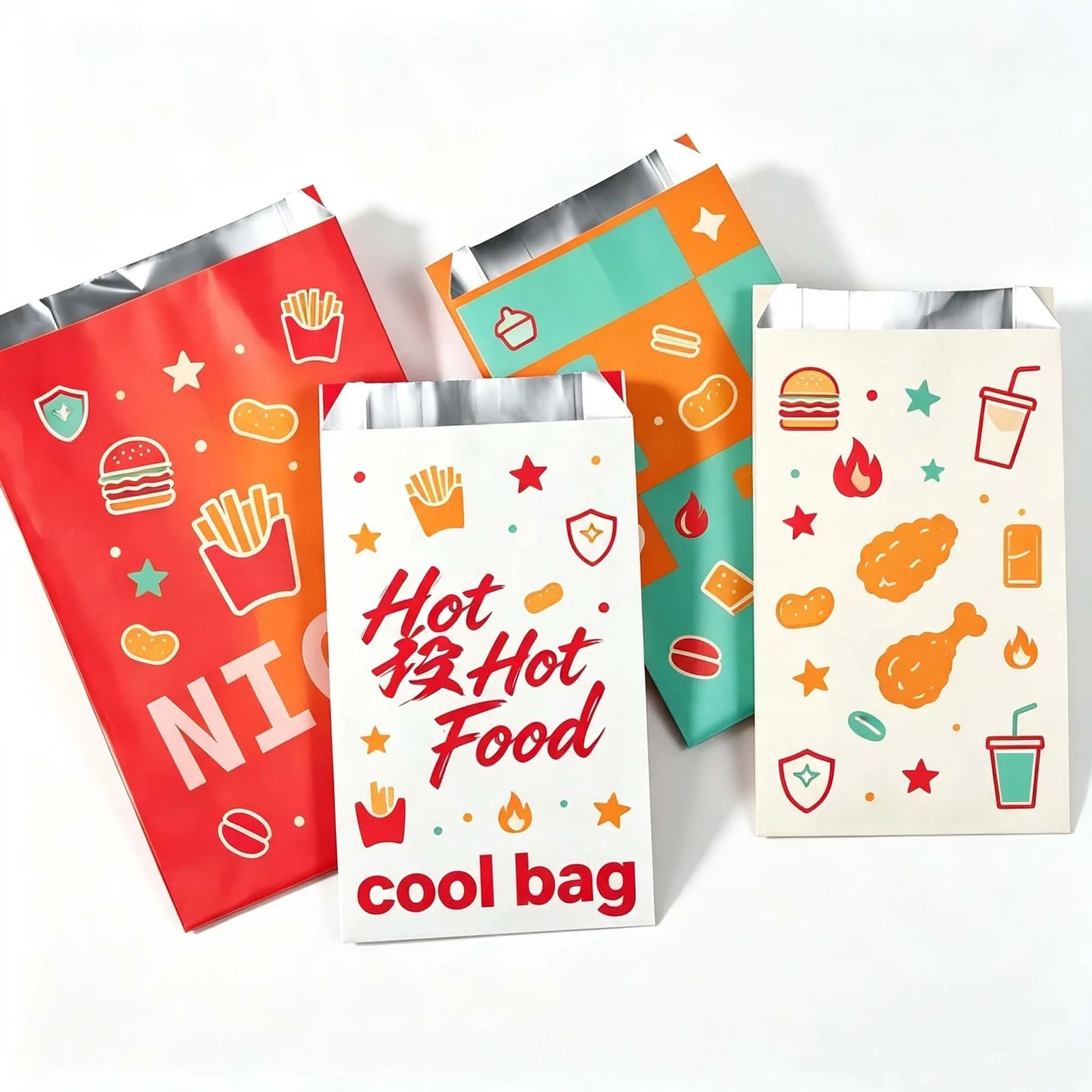 Durable Side Gusset V Bottom Aluminum Foiled Lined Ice Cream Cool Paper Bag Fries Fried Chicken Dog Aluminum Paper Bag