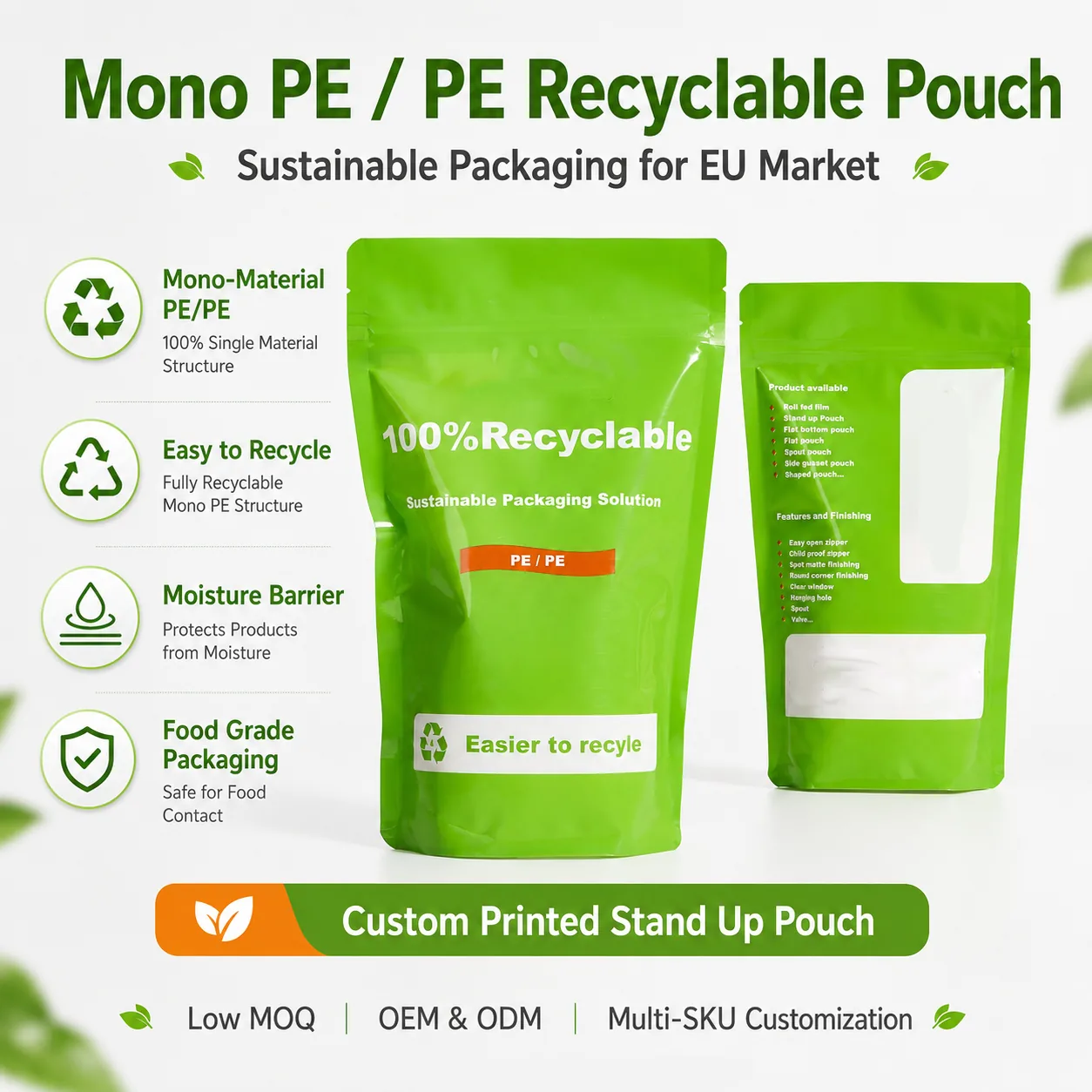 EU-Standard 100% PE Recyclable Stand-Up Zipper Pouch