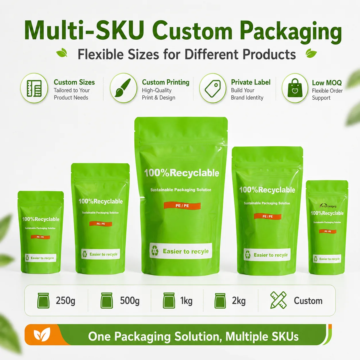 EU-Standard 100% PE Recyclable Stand-Up Zipper Pouch