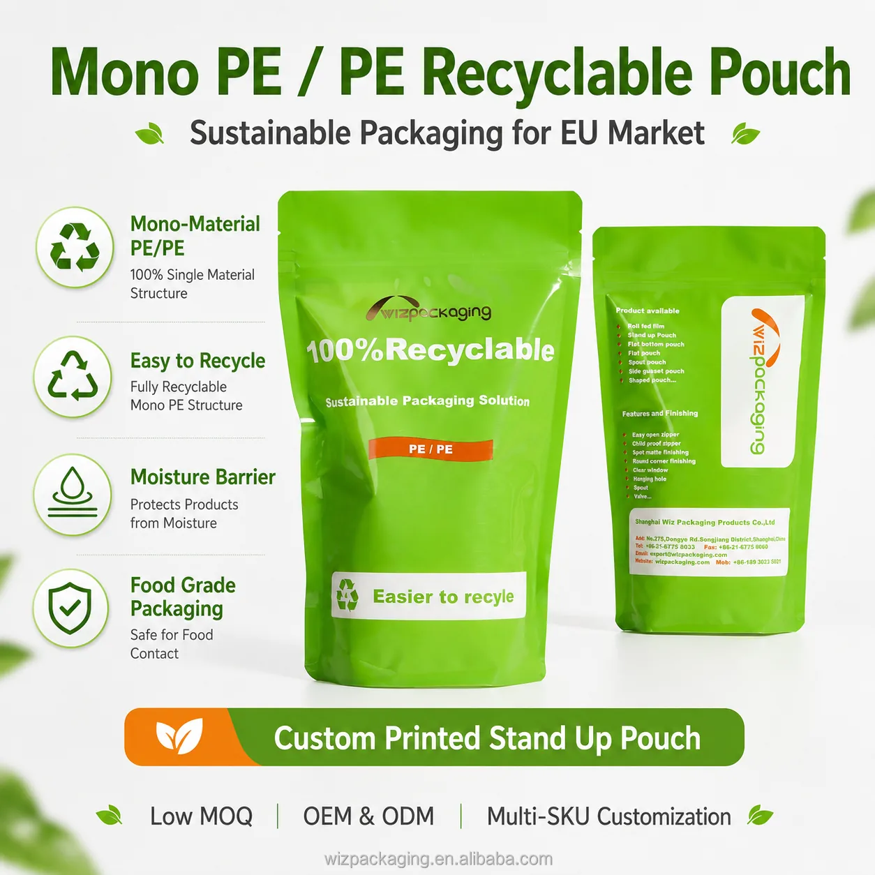 EU Standard Sustainable Mono Material Coffee Snack Sugar Organic Food Packaging Bag 100% PE Recyclable for Stand Zipper