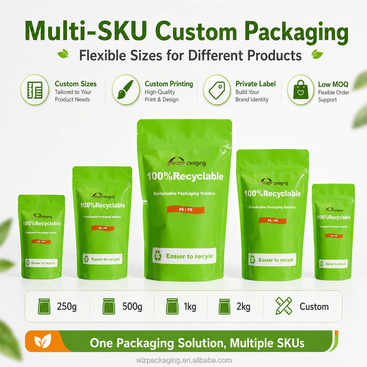 EU Standard Sustainable Mono Material Coffee Snack Sugar Organic Food Packaging Bag 100% PE Recyclable for Stand Zipper