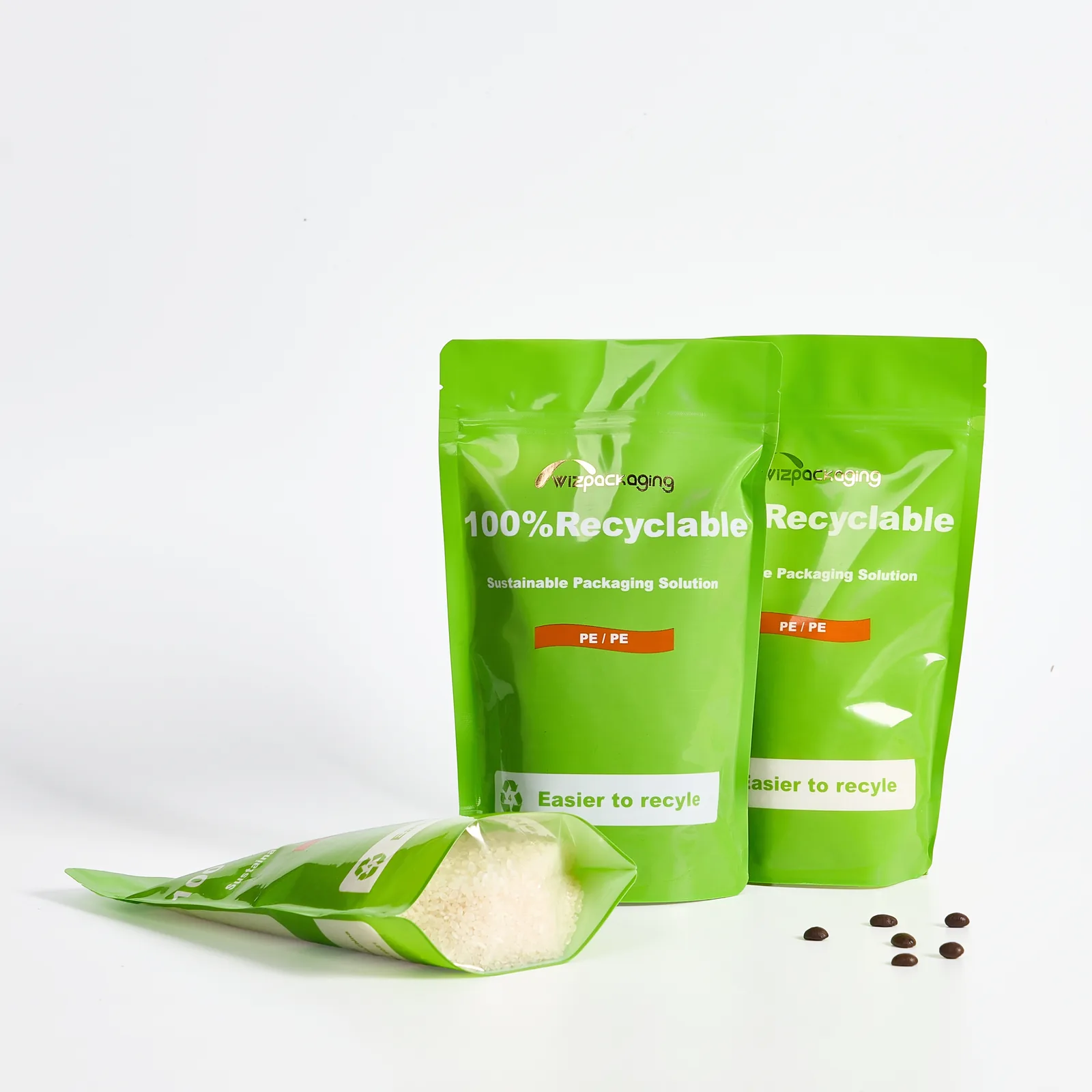 EU Standard Sustainable Mono Material Coffee Snack Sugar Organic Food Packaging Bag 100% PE Recyclable for Stand Zipper