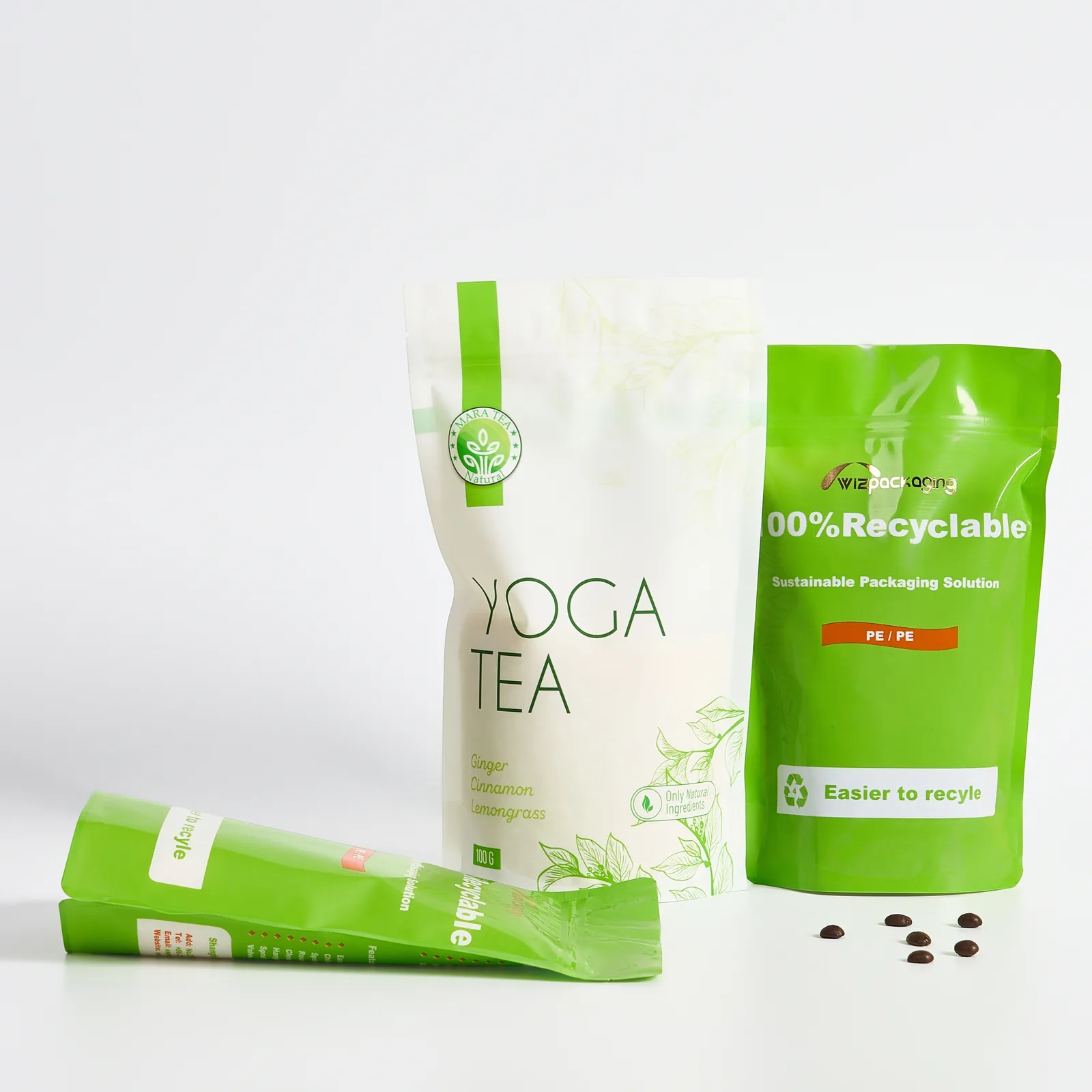 EU Standard Sustainable Mono Material Coffee Snack Sugar Organic Food Packaging Bag 100% PE Recyclable for Stand Zipper
