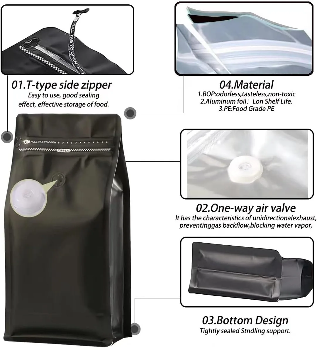 Full-Foil Flat Bottom Coffee Pouch with Degassing Valve