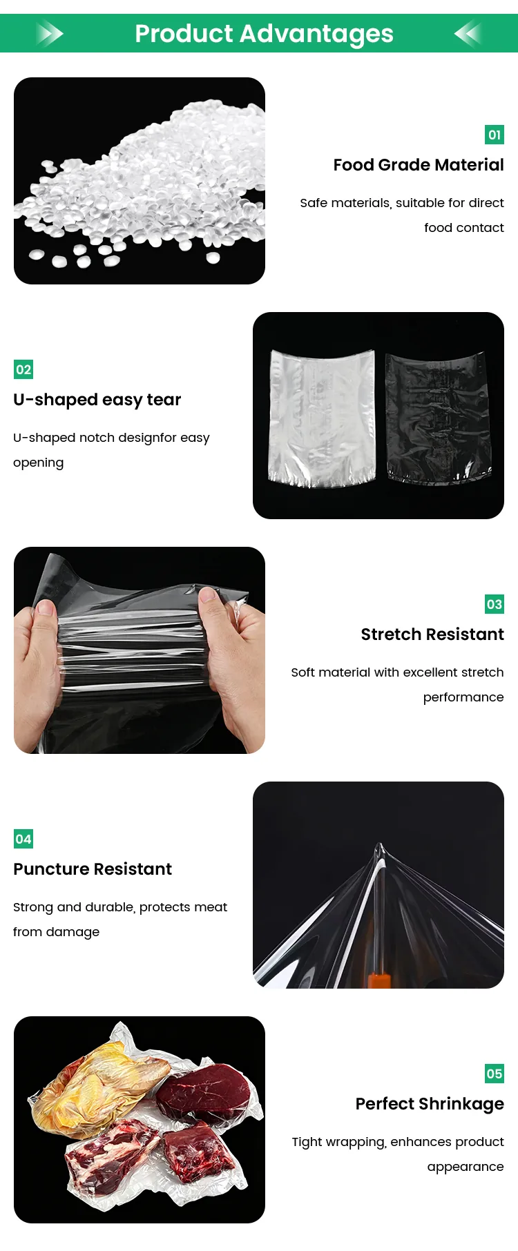 Food Grade Multi Layer Heat Shrink Bags Puncture Resistant PA PE for Bone-in Meat Freezer Safe Packaging
