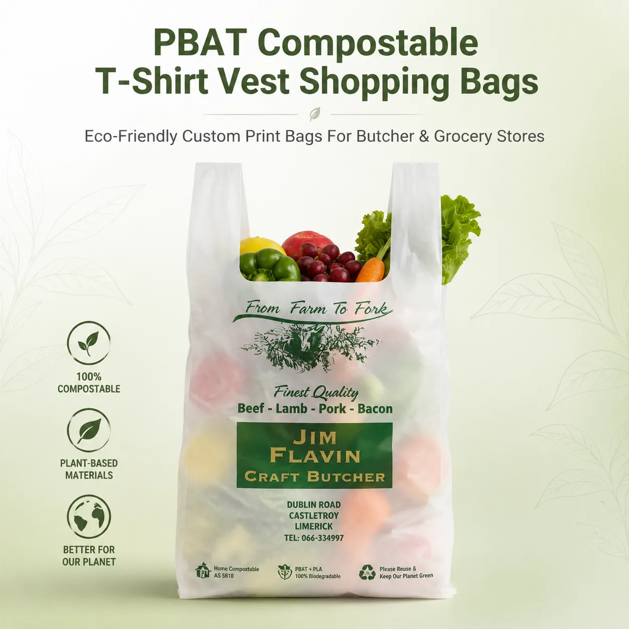 Food Grade Eco Friendly PBAT Degradable Recyclable Vest Handle Plastic Carry Bag for Shopping & Grocery Use