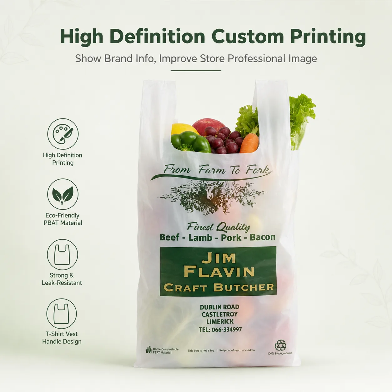 Food Grade Eco Friendly PBAT Degradable Recyclable Vest Handle Plastic Carry Bag for Shopping & Grocery Use