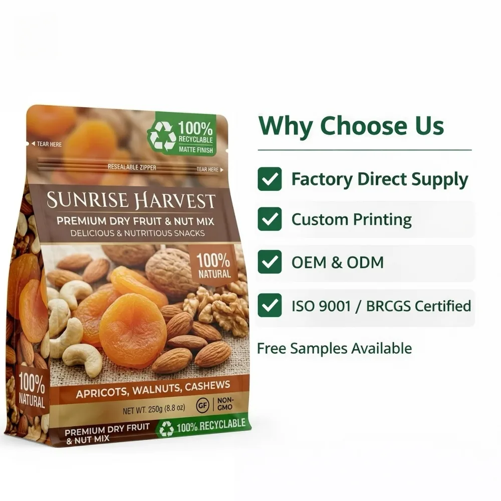 Food Grade Recyclable Composite for Dry Food Pack Multi Sizes Custom Print for Snack Storage Recyclable Flat Bottom Pouch