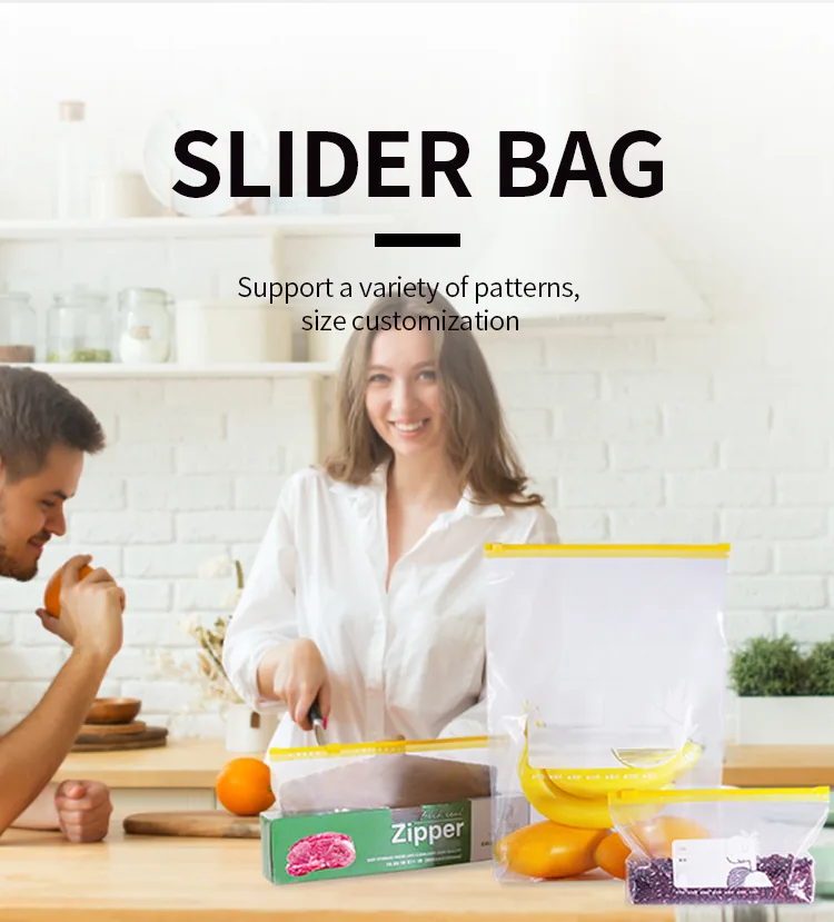 Food Storage Slider Packaging Bag Zipper Freezer Zip Lock Plastic Bags with Lock Custom Logo for Food Packaging in Fridge