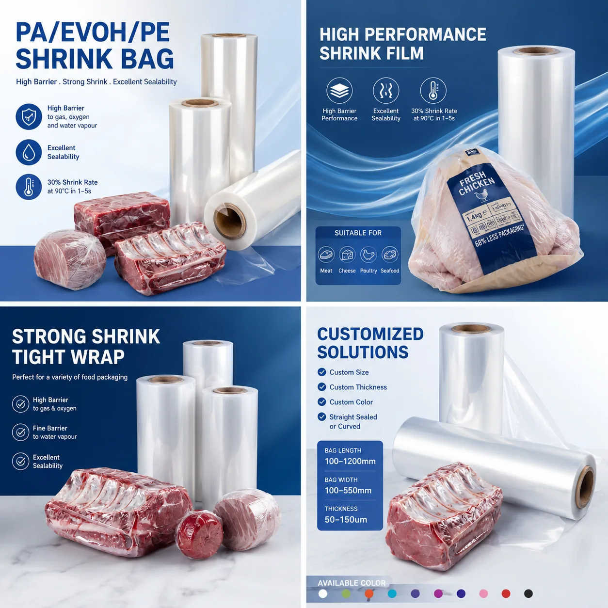 Heat Shrink Bags, PA EVOH PE Cold Resistant Vacuum Packaging, High Shrink Heat Shrink Bags for Chicken Poultry