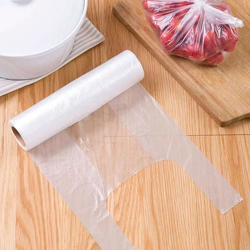Manufacture Transparent T-shirt Bag for Food Packaging Food Grade T-shirt Bag on Roll With Handle for Supermarket