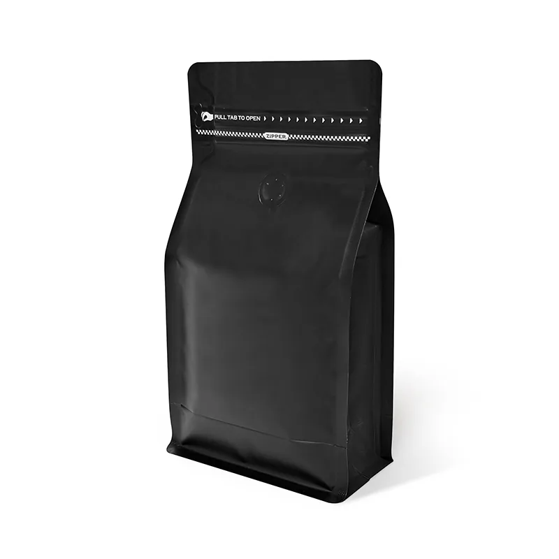 Short-Run Matte Black Foil Flat Bottom Coffee Pouch — Valve and Side Zipper
