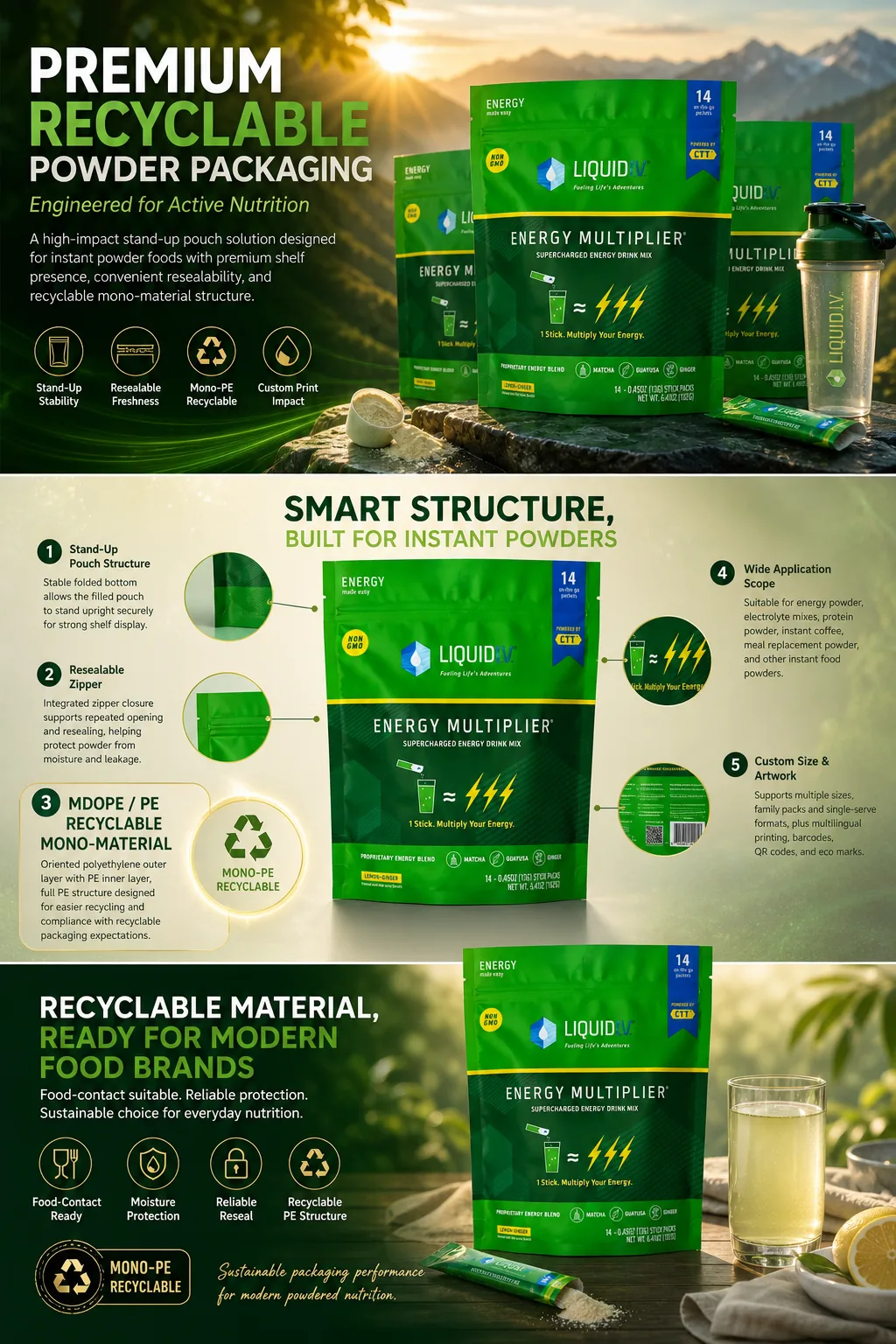 Mono-PE Recyclable Stand-Up Pouch for Protein & Instant Powder