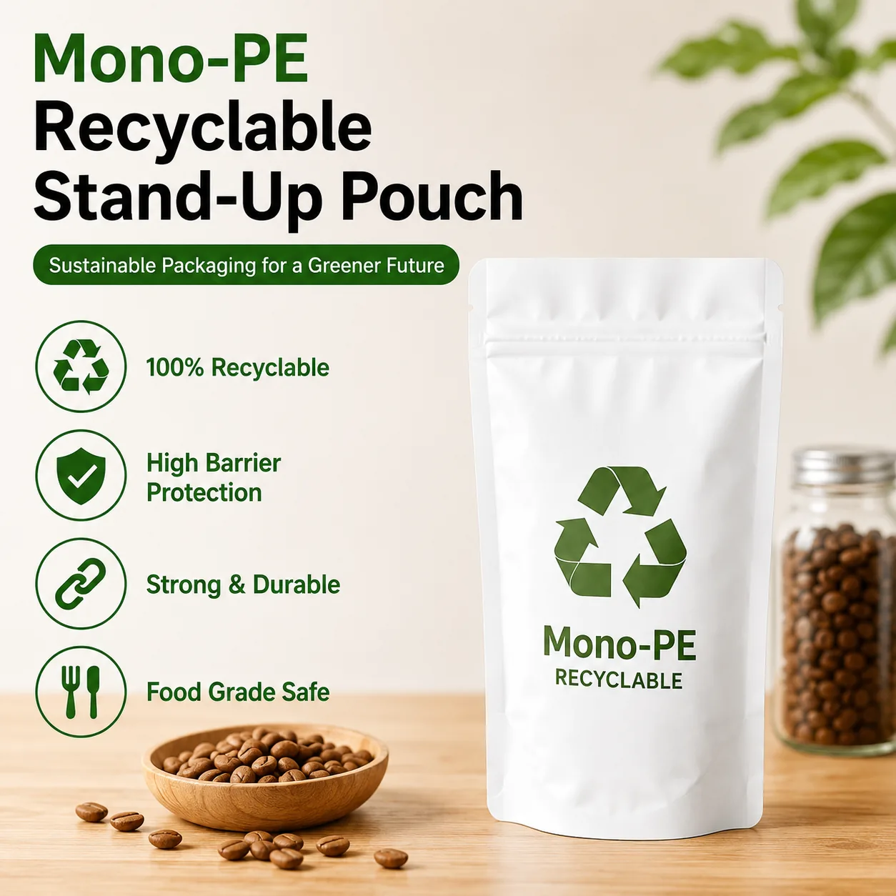 Mono-PE Recyclable Stand-Up Zipper Pouch — Coffee, Snacks and Pet Food