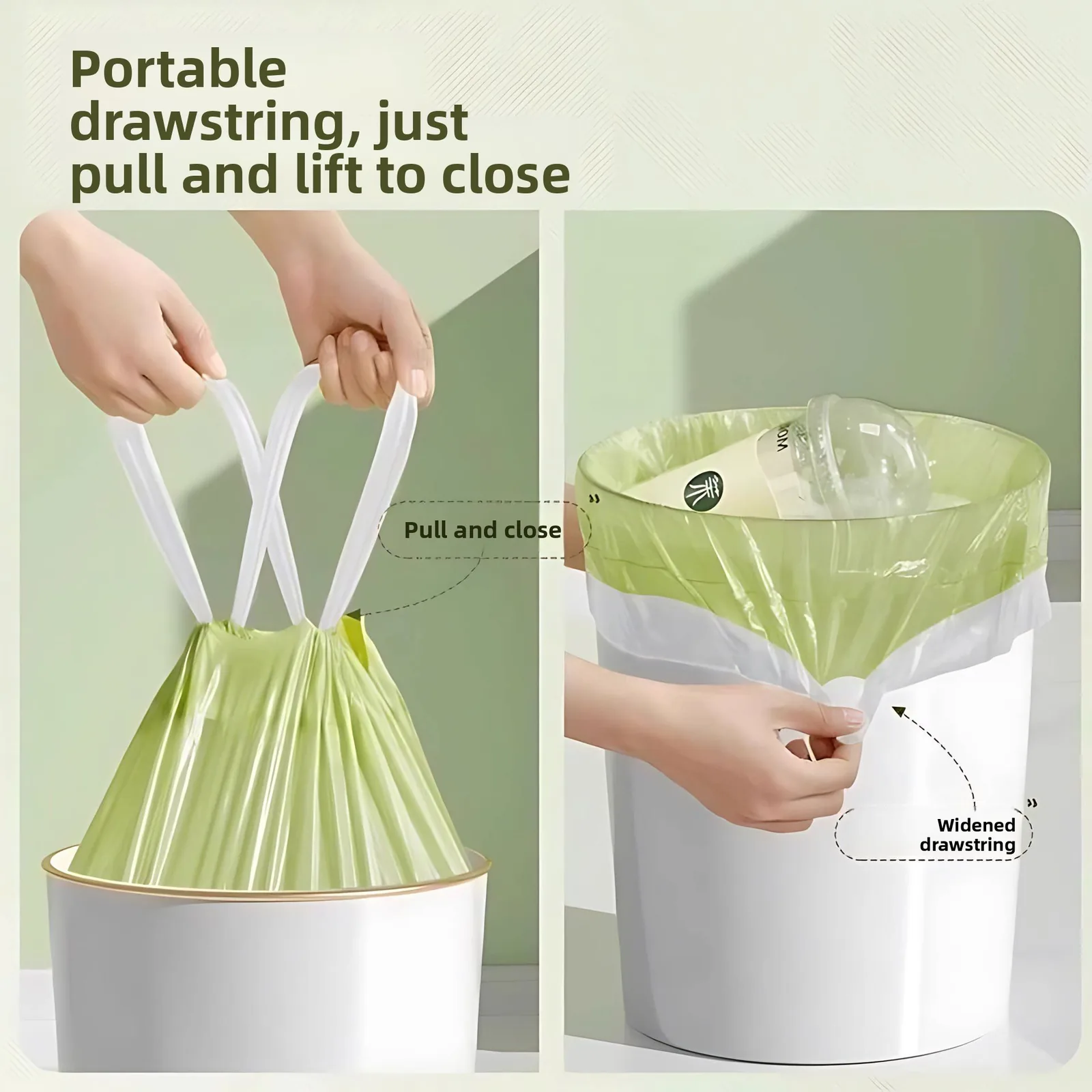 Mugwort-scented Odor-Resistant LDPE Classic Trash Bags Thickened Portable Drawstring Design Durable Large-Roll Tear-Resistant