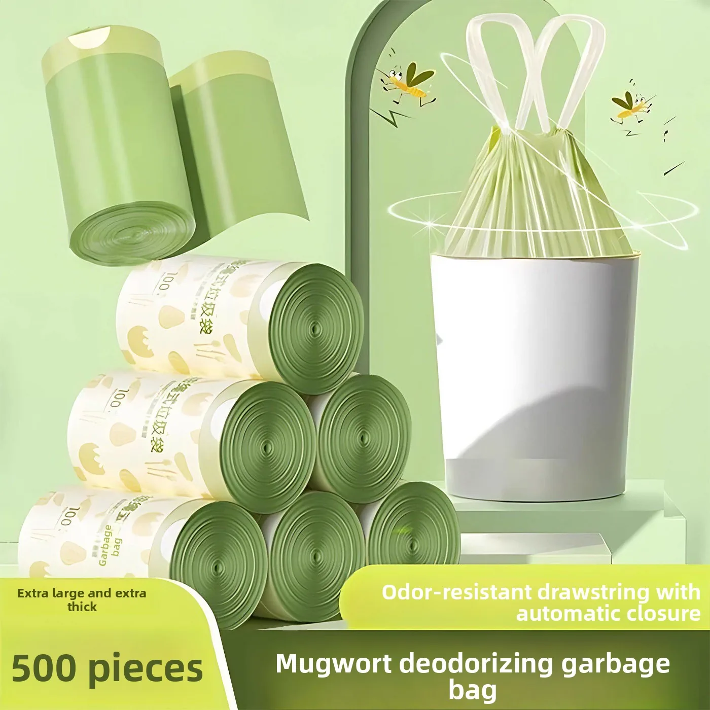 Mugwort-scented Odor-Resistant LDPE Classic Trash Bags Thickened Portable Drawstring Design Durable Large-Roll Tear-Resistant