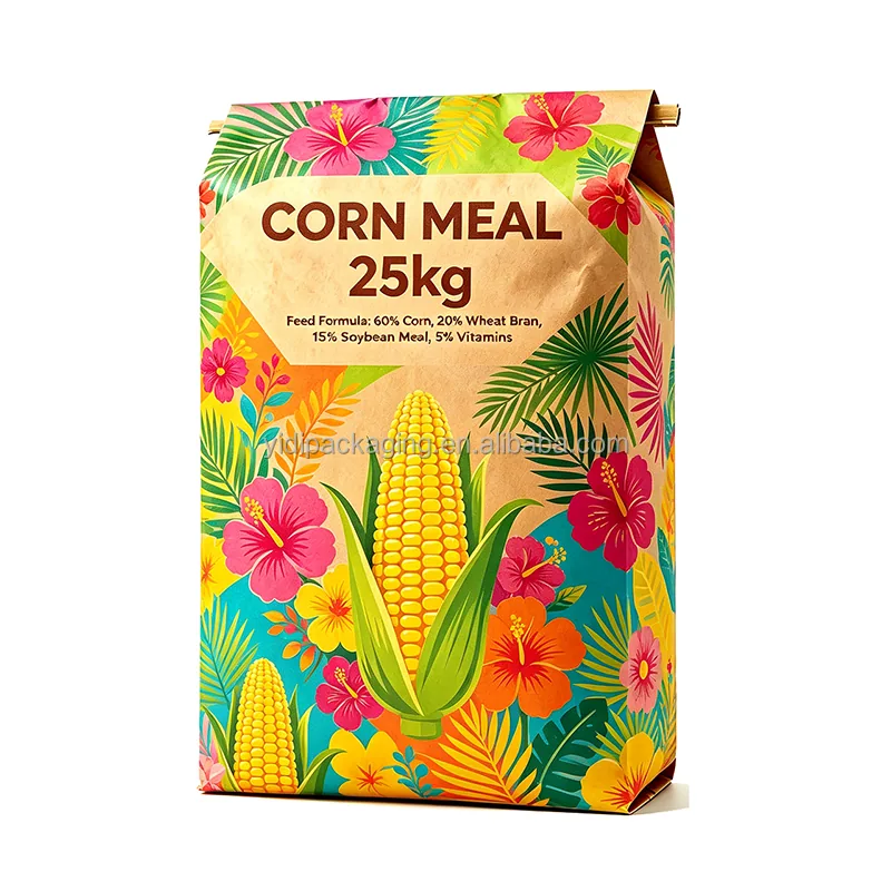 Multi-Layer Square Bottom Kraft Paper Bags Flat Handles Flour Corn Starch 10-20kg Biodegradable Chemical Applications