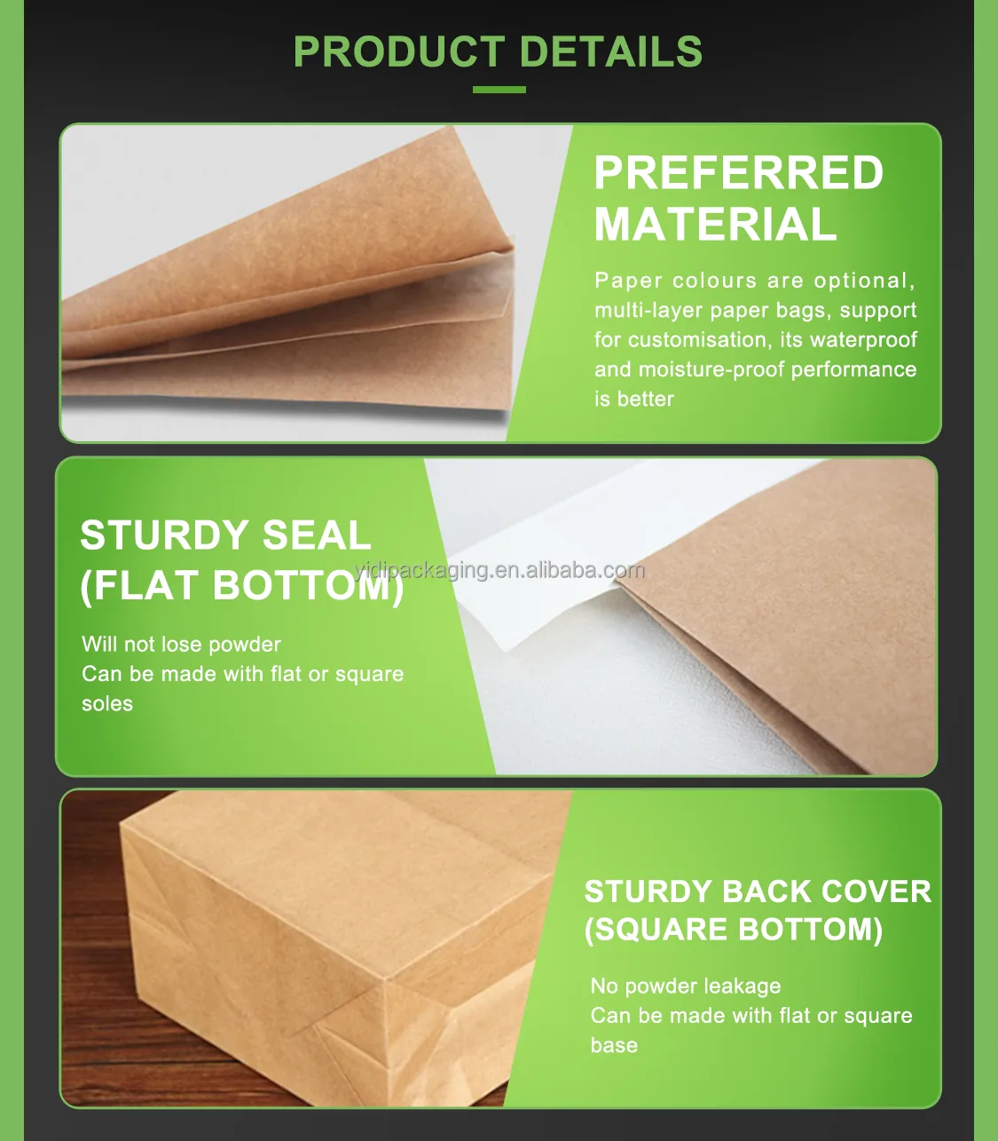 Multi-Layer Square Bottom Kraft Paper Bags Flat Handles Flour Corn Starch 10-20kg Biodegradable Chemical Applications