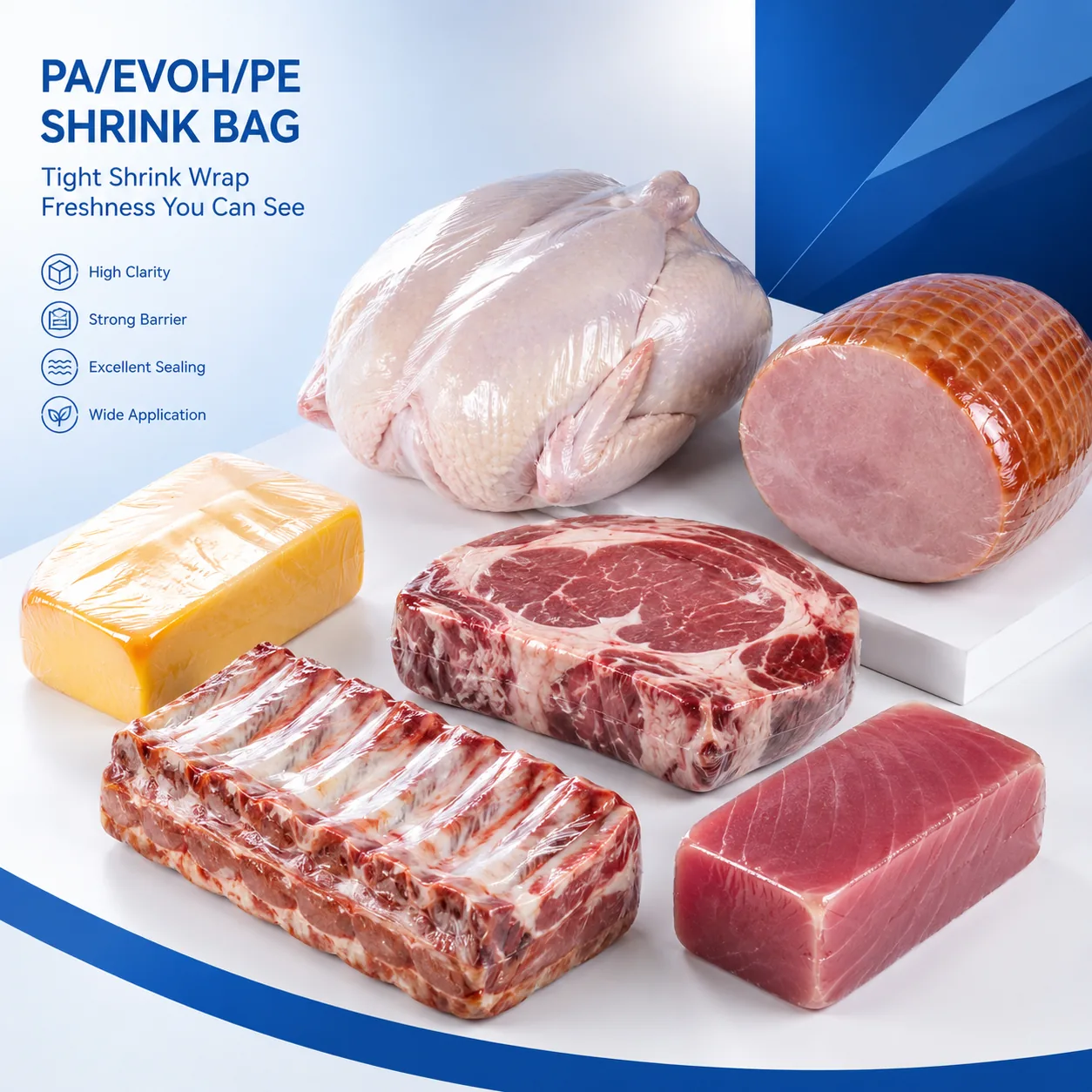PA/EVOH/PE Multi-Layer Shrink Bag for Beef, Poultry & Cheese