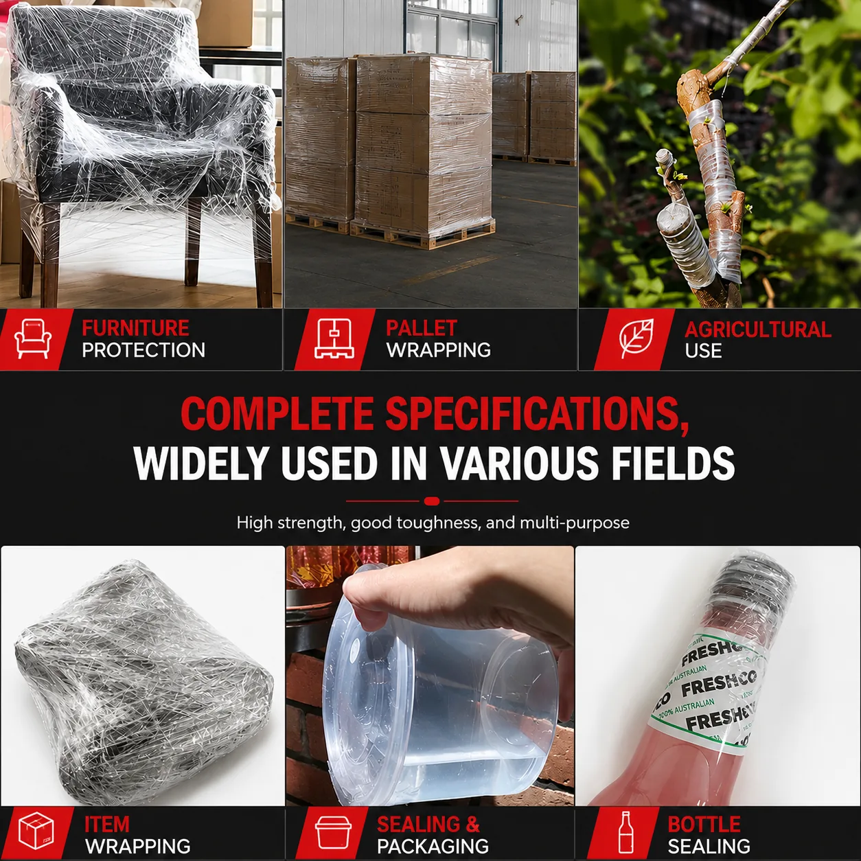 PE Stretch Film Roll For Pallet Wrapping Industrial Packaging Transparent Plastic Film Custom Thickness