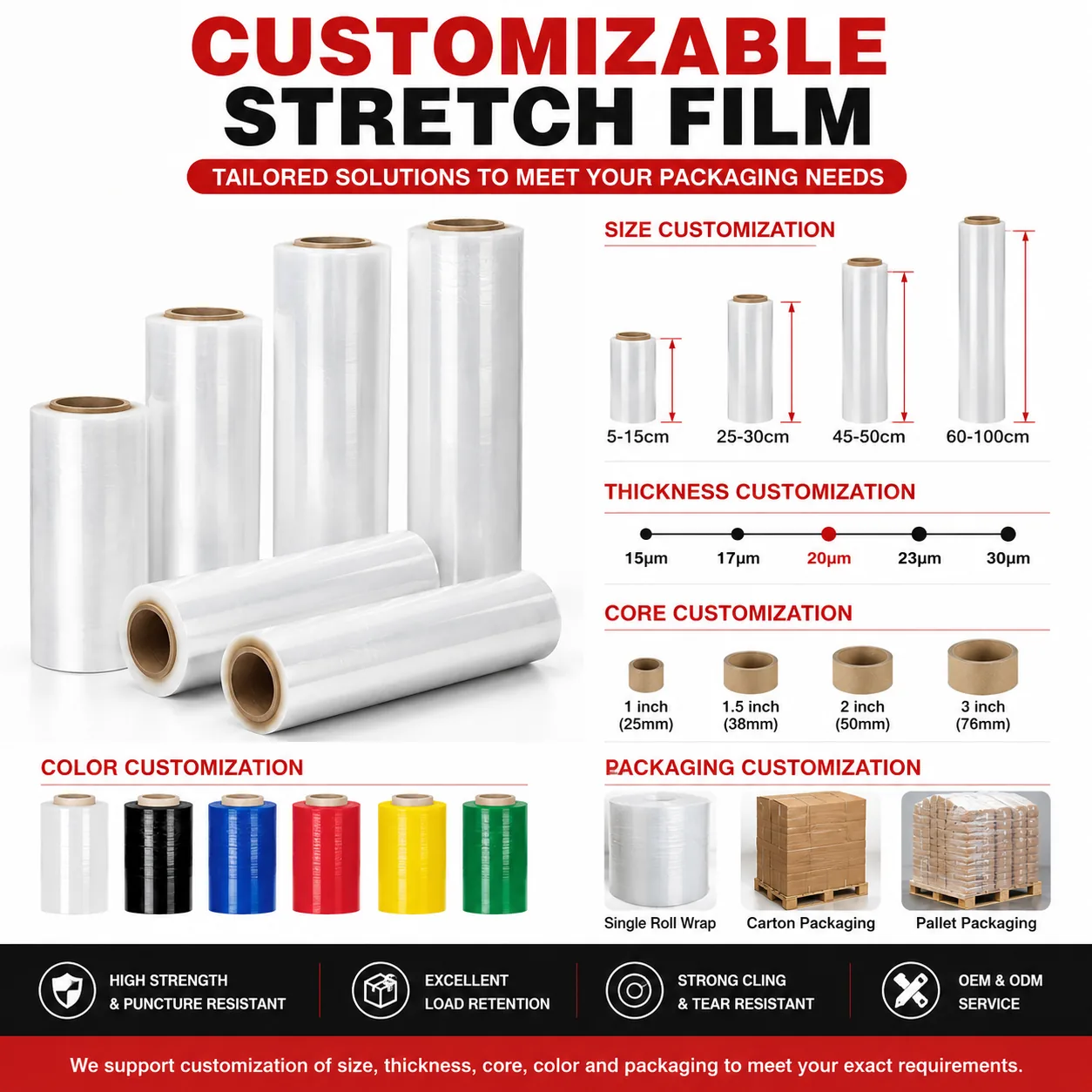PE Stretch Film Roll For Pallet Wrapping Industrial Packaging Transparent Plastic Film Custom Thickness