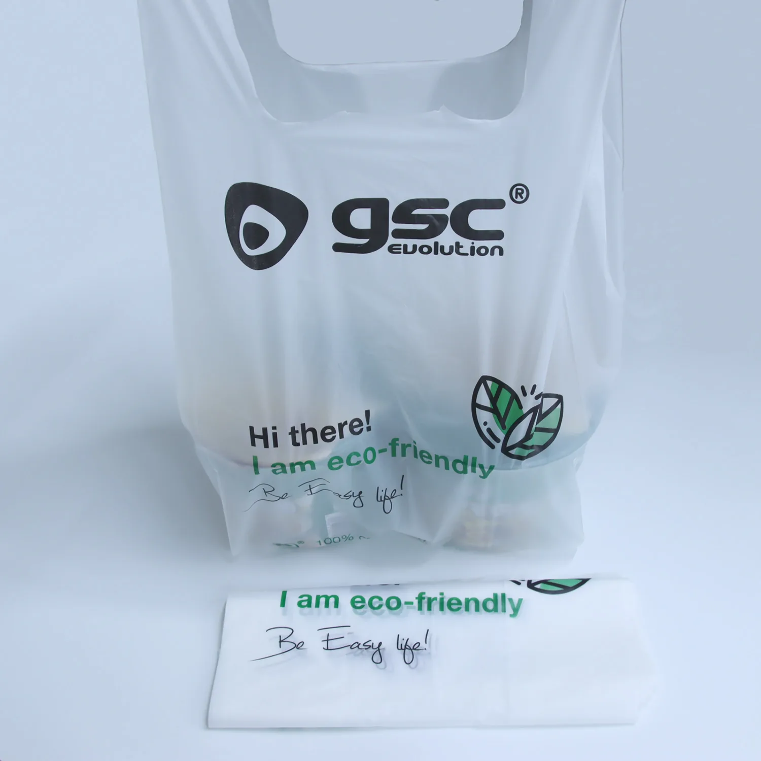 PLA/PBAT Gusseted T-Shirt Bag on Roll — Flexiloop Handle, Gravure Printed