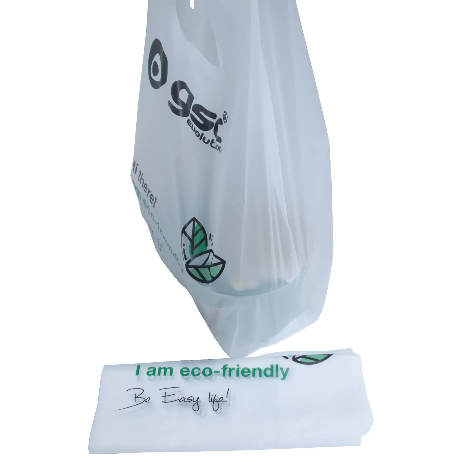 PLA/PBAT Gusseted T-Shirt Bag on Roll — Flexiloop Handle, Gravure Printed