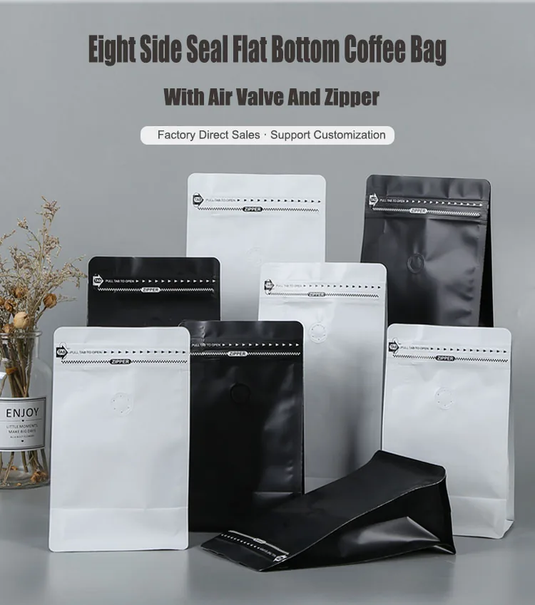 Plastic Metallic Flat Bottom Resealable Pouches with Valve Zipper Moisture Proof for Coffee Bean Packaging Stand Bags