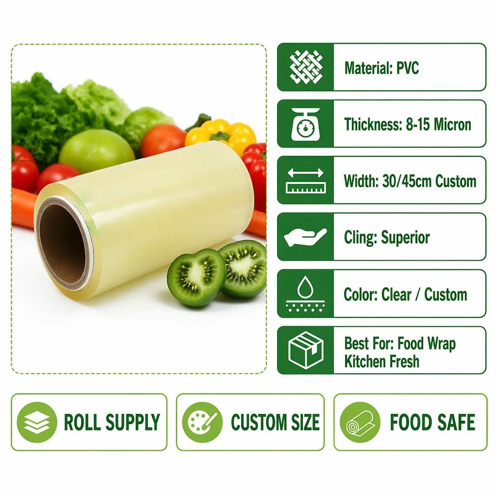 Food-Grade Cast PVC Cling Film Roll — 30 cm, Multiple Lengths