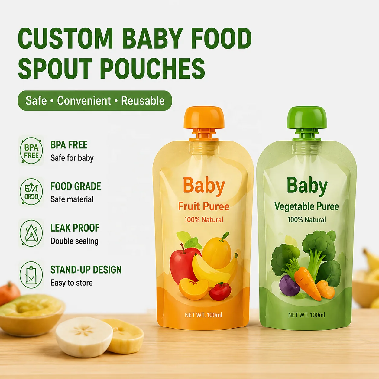 Reusable Baby Food Spout Pouch with Leakproof Screw Cap