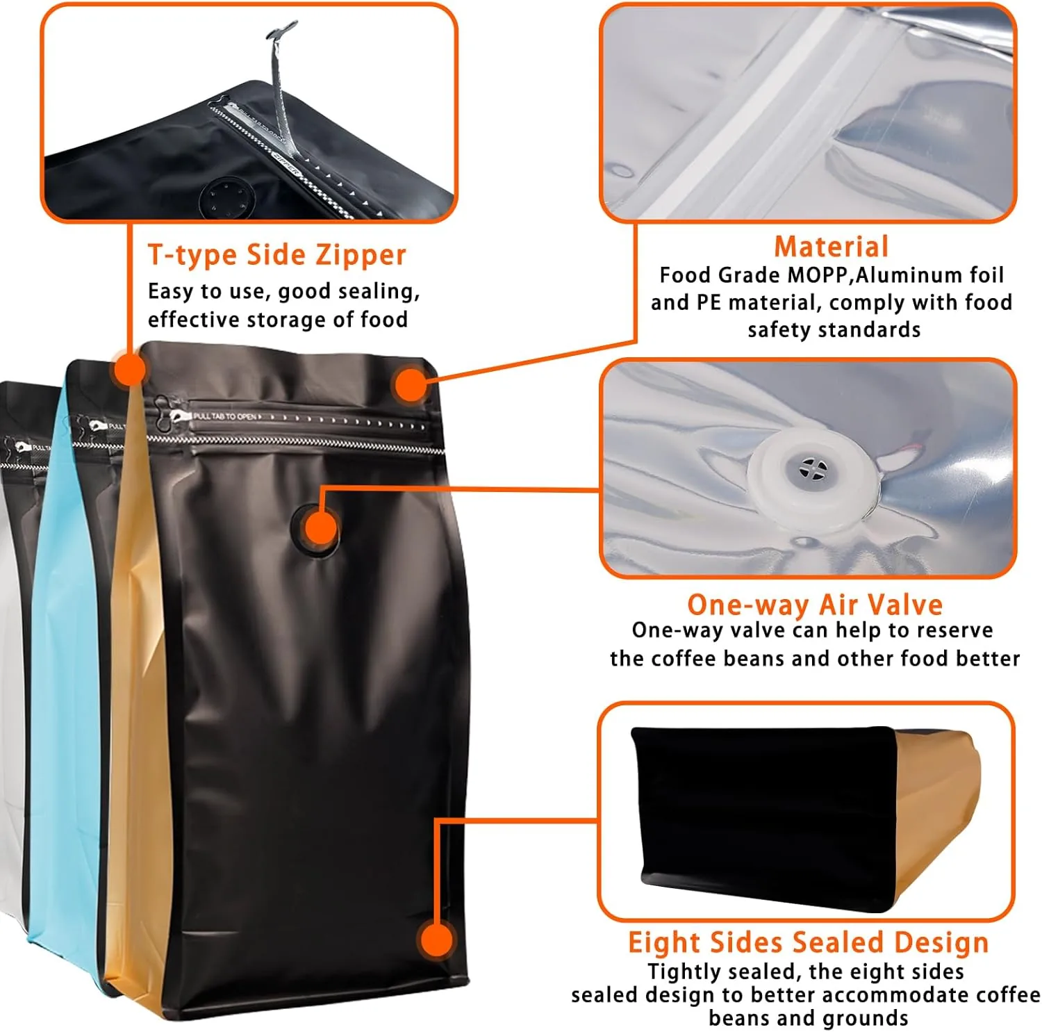 Side-Gusset Flat-Bottom Coffee Bag with Degassing Valve — Foil
